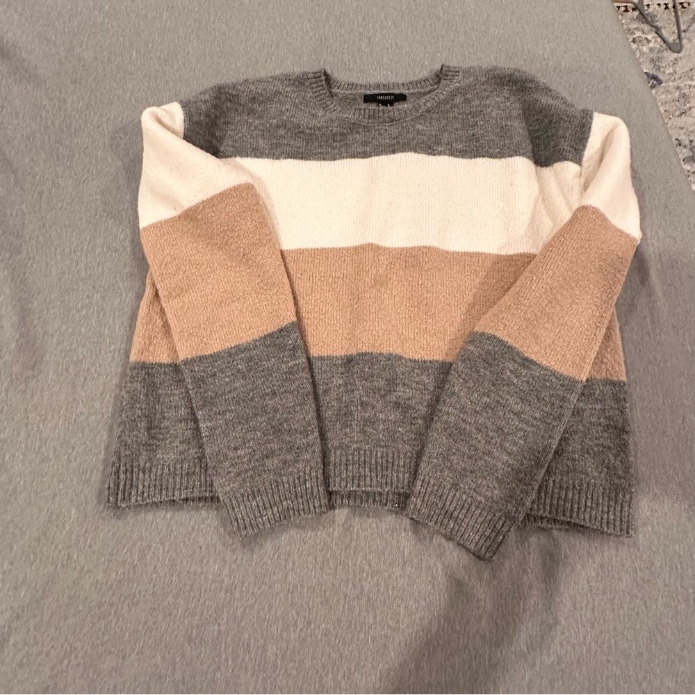 Forever 21 Colorblock Knit Sweater Gray Cream Tan Long Sleeve - Picture 3 of 10